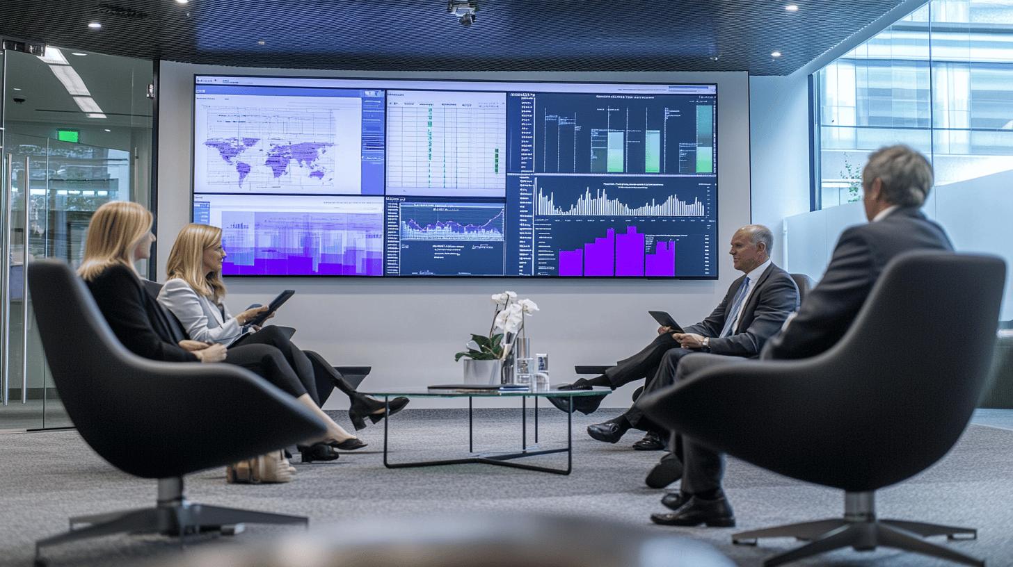 Business professionals analyzing data in modern conference room with large digital dashboard displaying global analytics and charts