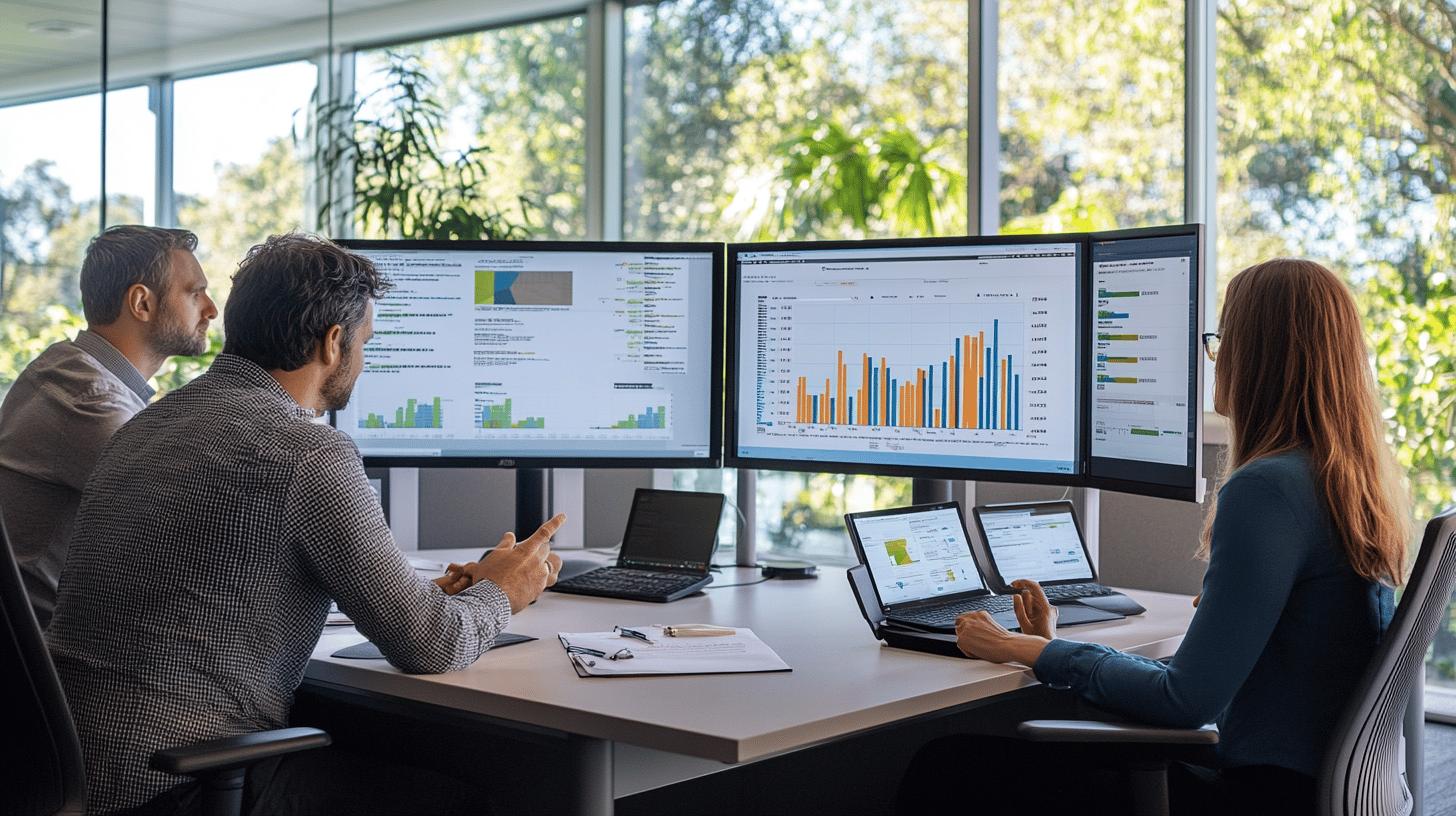 Business professionals analyzing data visualization and financial reports on multiple computer screens in a bright, modern office with large windows and greenery in the background