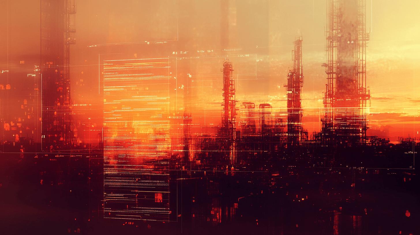 Industrial cityscape at sunset with digital overlay, showing petroleum refinery towers and technological grid network in warm orange and red tones