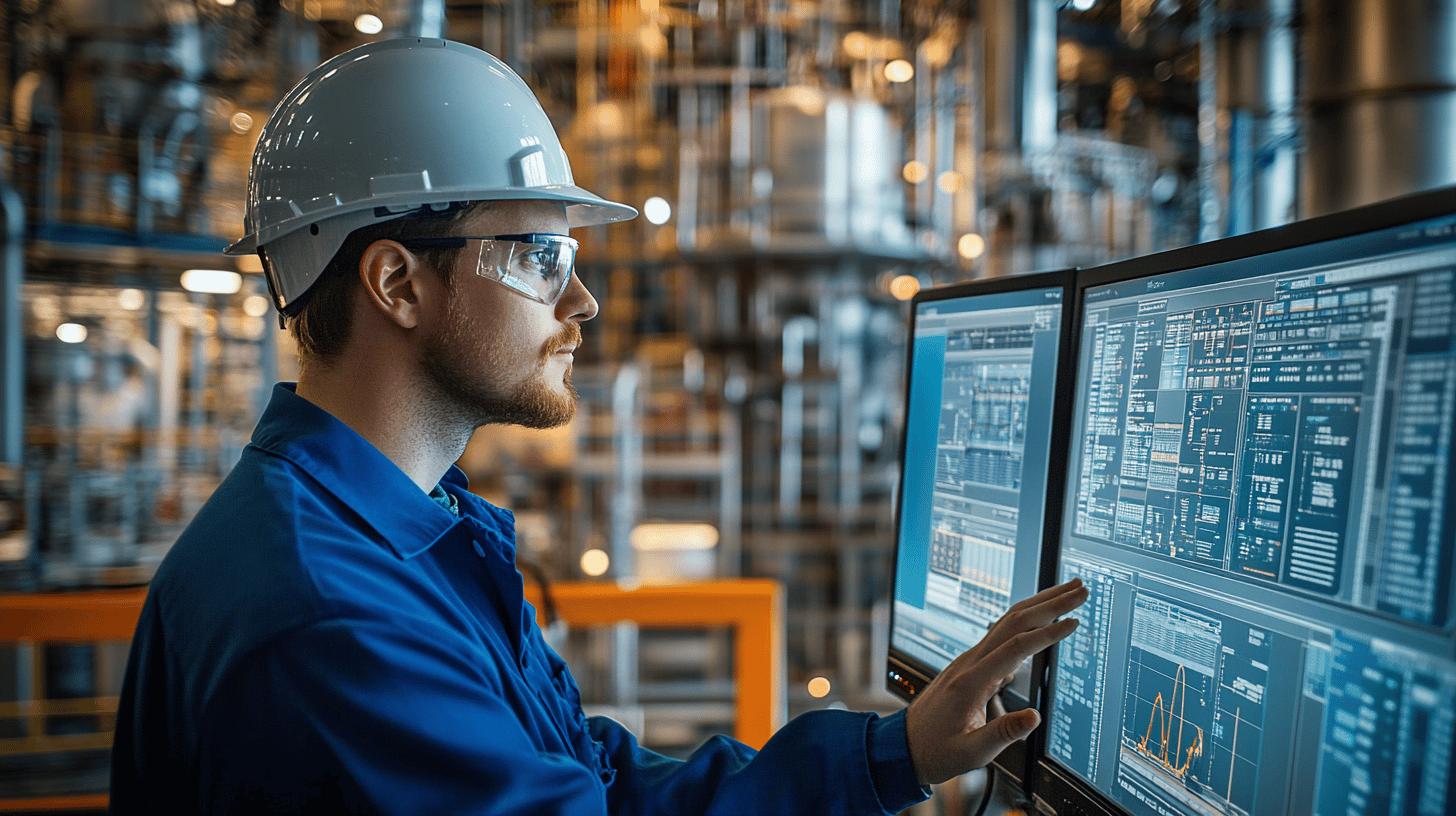 Industrial engineer monitoring production data on touchscreen monitors in advanced manufacturing facility, wearing safety helmet and protective eyewear
