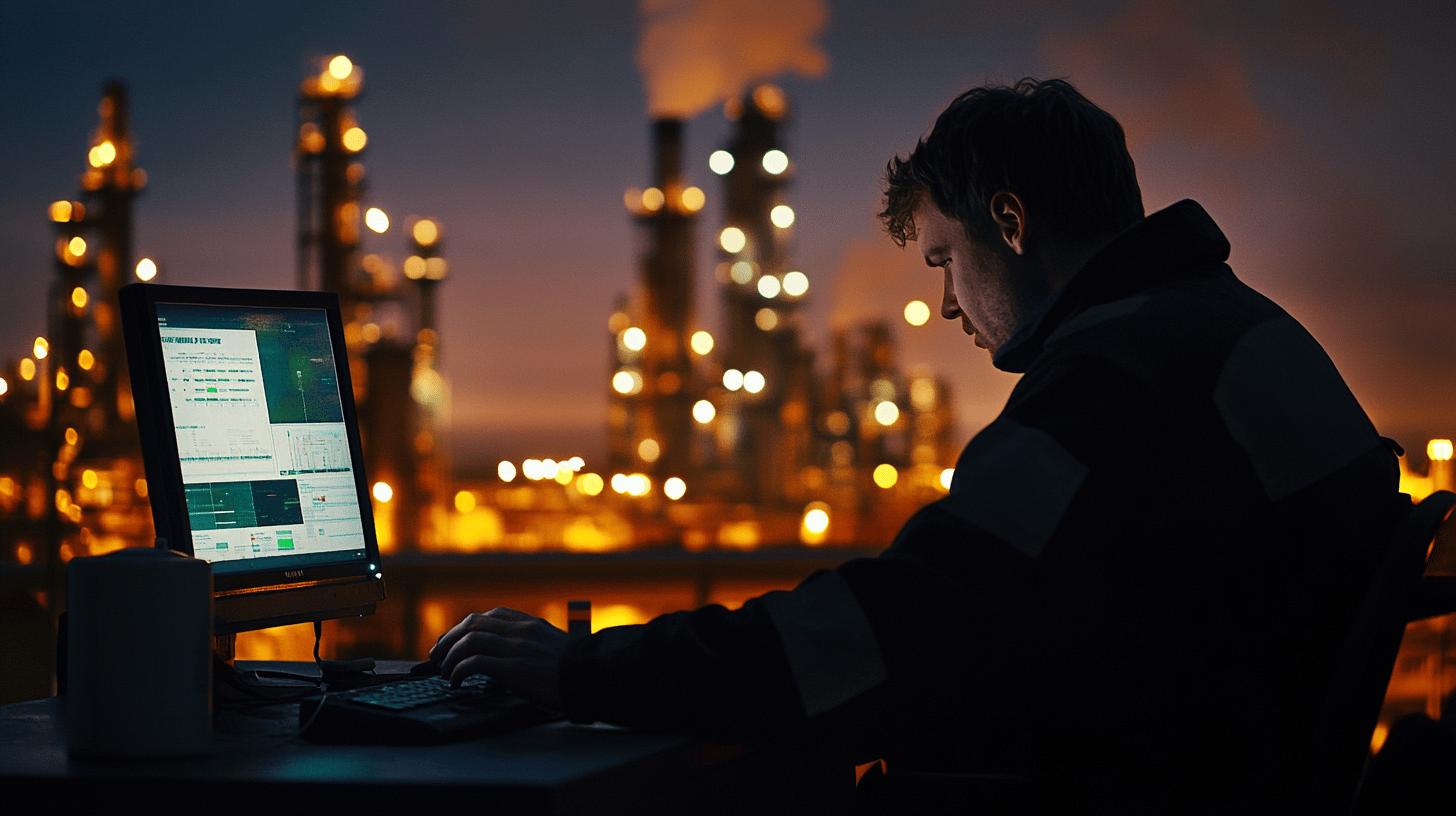 Industrial night monitoring: silhouette of worker analyzing data with oil refinery or chemical plant illuminated in background at dusk