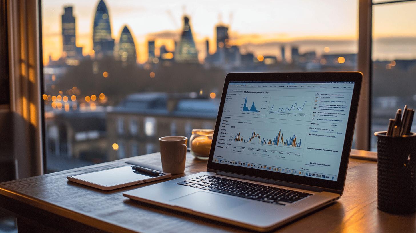 Laptop displaying data analytics dashboard with city skyline at sunset, workspace with coffee mug and pencil holder, London financial district in background