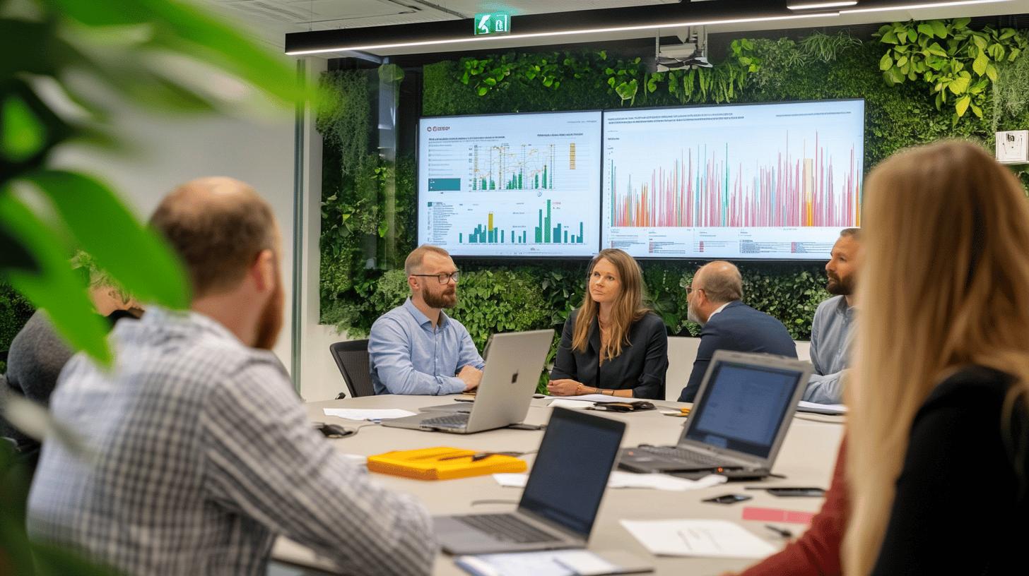 Modern office meeting with data analytics dashboard, green living wall background, professionals collaborating on business strategy with laptops and performance charts