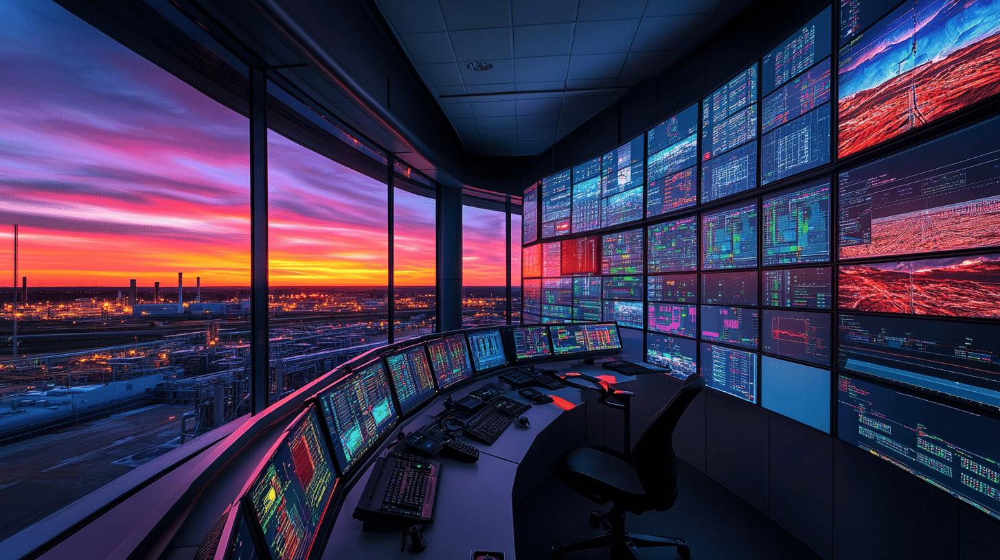 High-tech control room with multiple digital screens displaying complex data visualizations, overlooking an industrial landscape at sunset with vibrant pink, orange, and blue sky colors