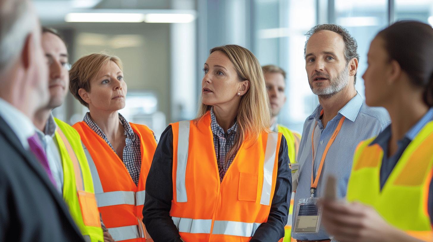 Professional workplace safety meeting with diverse team wearing high-visibility safety vests in modern office environment, focused on collaborative discussion