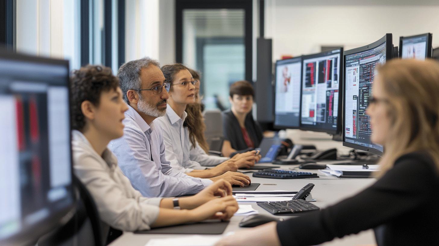Professional team working together in a modern trading or data analysis office, monitoring multiple computer screens with financial or technical data, showcasing collaborative workplace environment