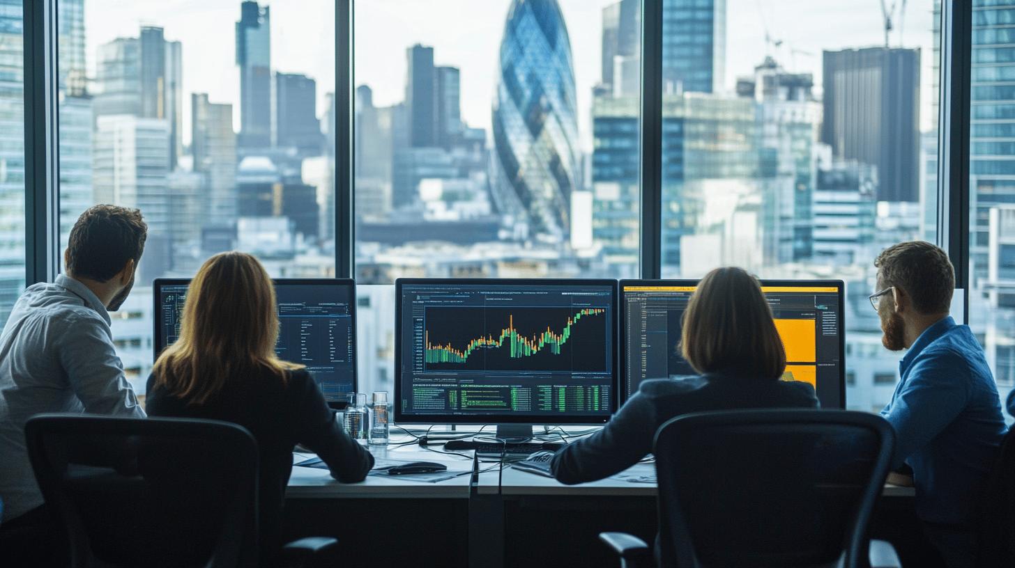 Financial analysts monitoring stock market trading screens in London office with cityscape view, featuring Gherkin building and modern skyscrapers in background