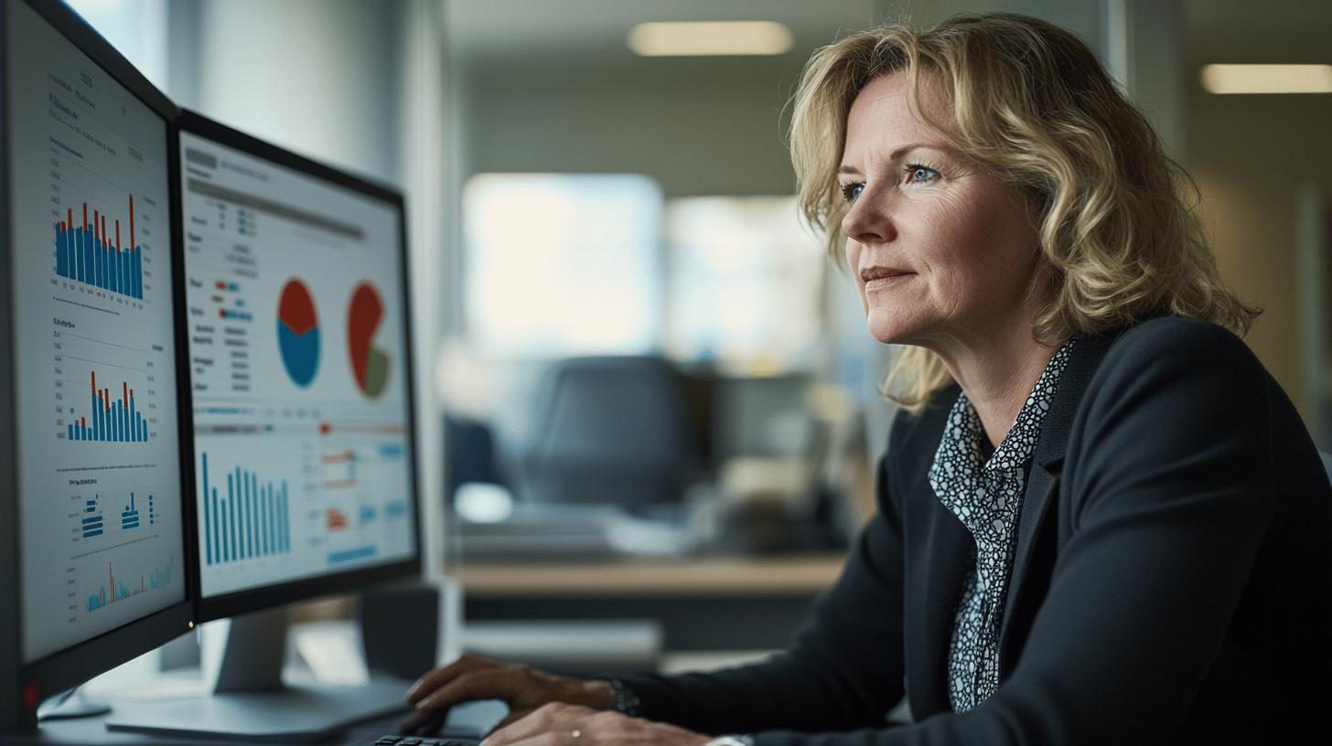 Professional businesswoman analyzing data visualization charts on computer screen in modern office environment