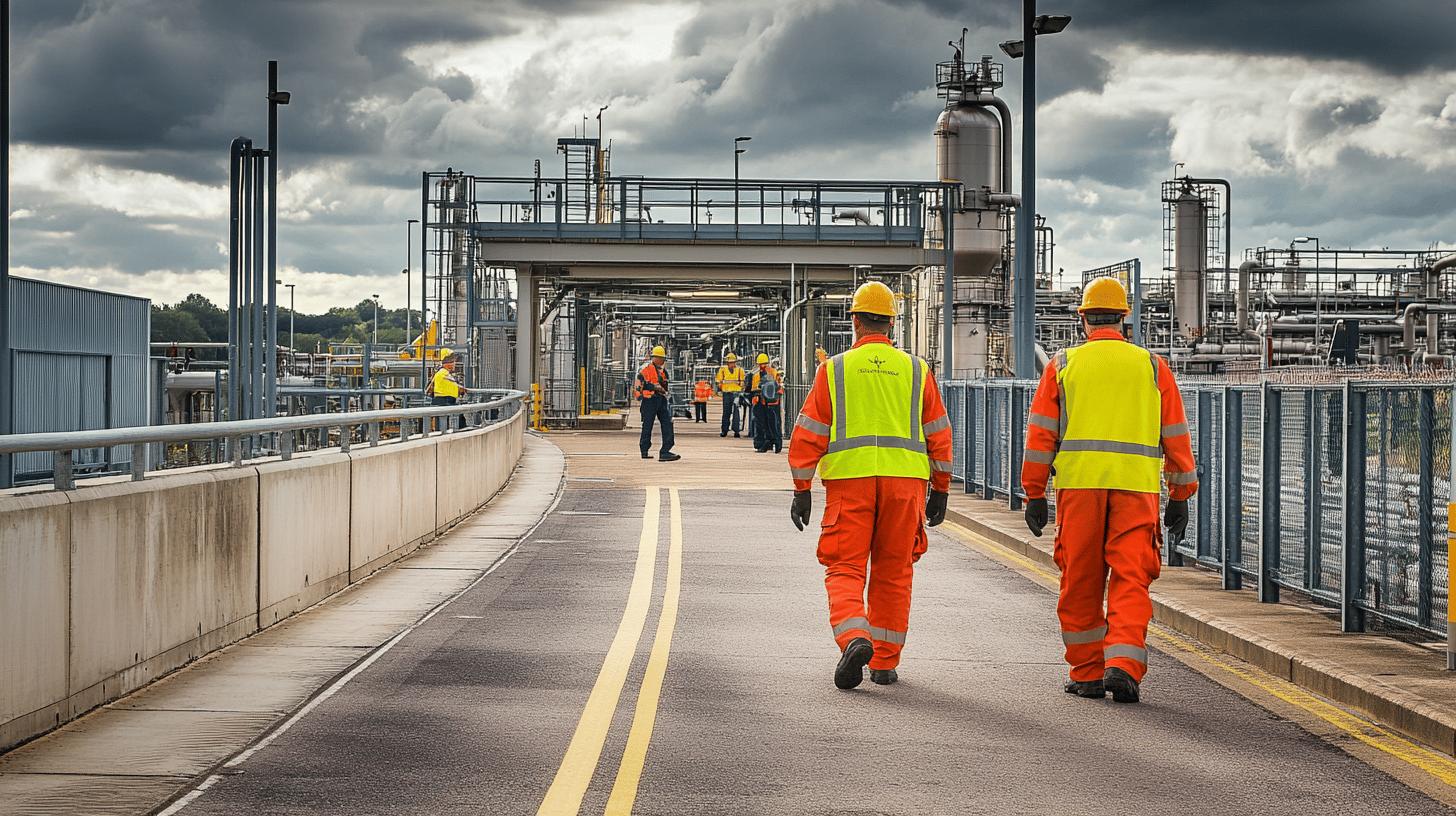 Industrial workers in high-visibility safety gear walking along pathway at chemical processing plant with complex metal infrastructure and storage tanks under dramatic cloudy sky