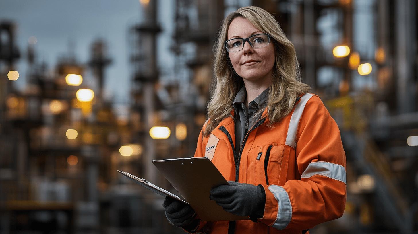 Industrial workers in high-visibility clothing and hard hats walk through a facility with pipelines and industrial infrastructure under a cloudy sky, symbolizing operational efficiency and process optimization.