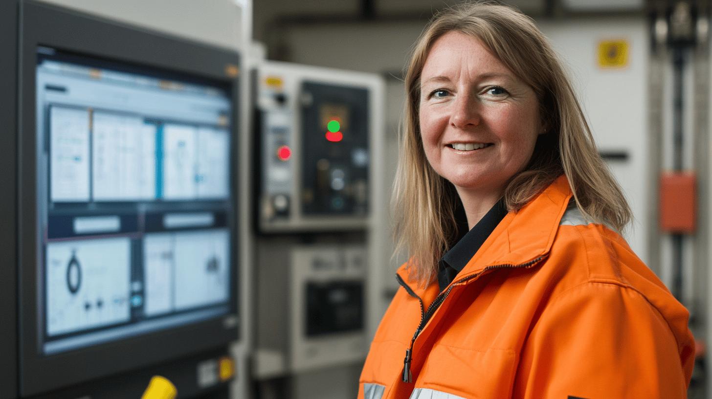 Female technician in bright orange safety vest standing in industrial control room, smiling confidently near computer monitoring screens and control panels