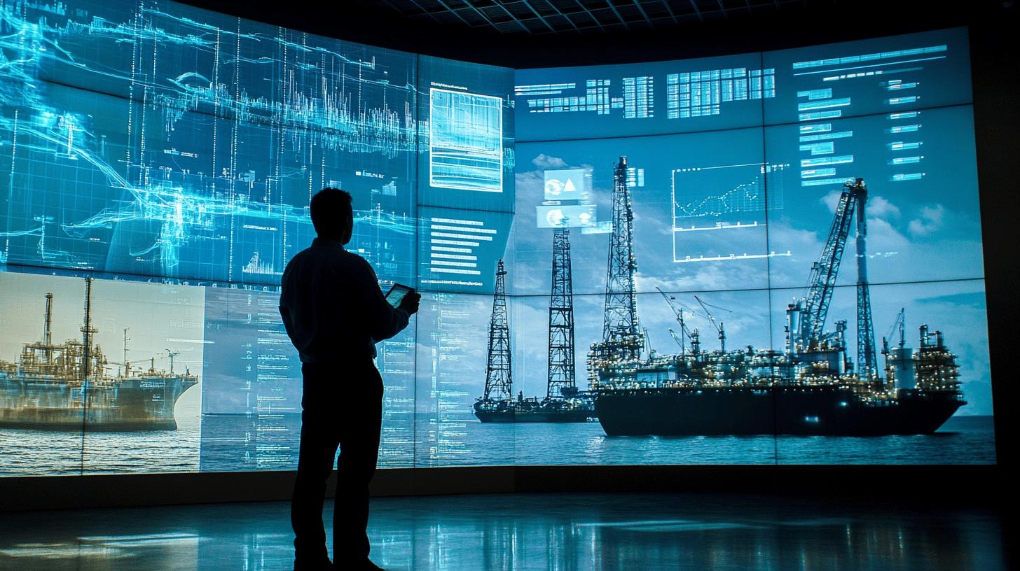 offshore oil rig digital control room with analyst monitoring data visualization screens showing maritime infrastructure and technological analytics in blue hue