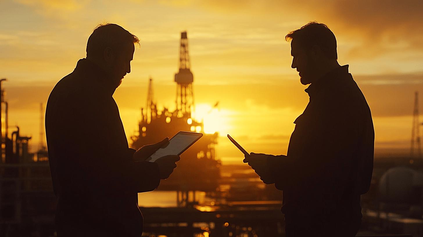 Silhouetted workers discussing project at oil drilling site during golden sunset, with industrial equipment and derrick in background