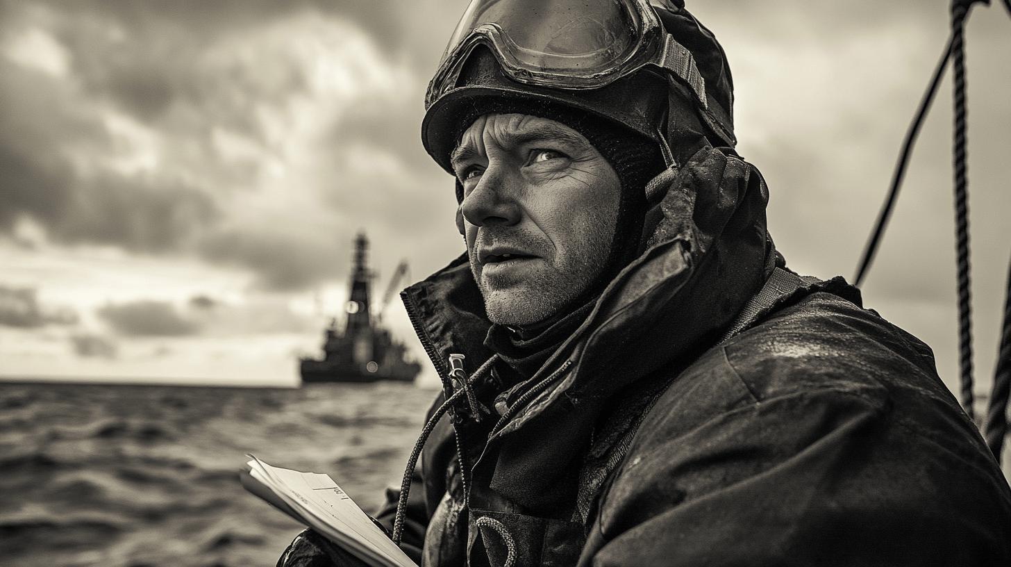 Rugged naval crew member in protective gear with warship in background, black and white maritime scene showcasing maritime professional at work