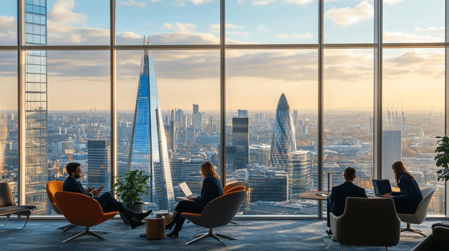 Modern office interior with panoramic London cityscape, featuring The Shard and business professionals working with laptops and tablets near large floor-to-ceiling windows during golden hour sunset light