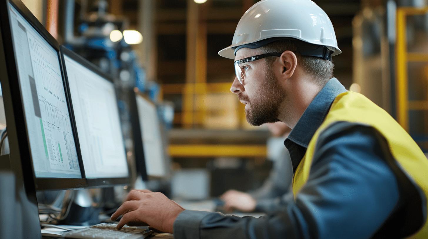 Two professionals collaborate in a modern office, focusing intently on a computer screen displaying analytical software. The environment reflects teamwork and technology-driven problem-solving, aligning with Q-Hub’s focus on business optimisation and digit