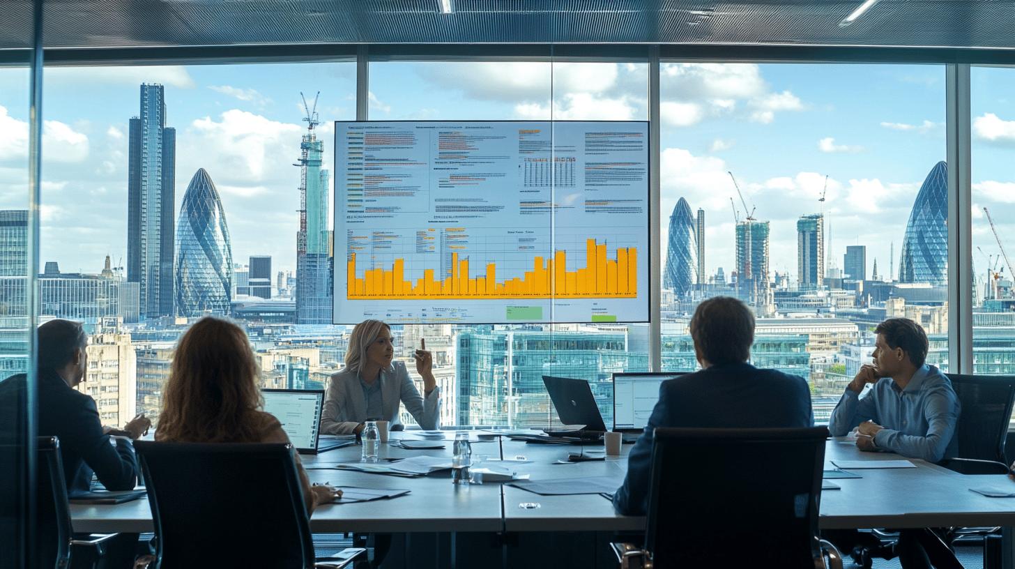 Business professionals in conference room with London skyline, large data analytics screen showing yellow bar graphs, modern glass office with Gherkin and other city skyscrapers visible through panoramic windows