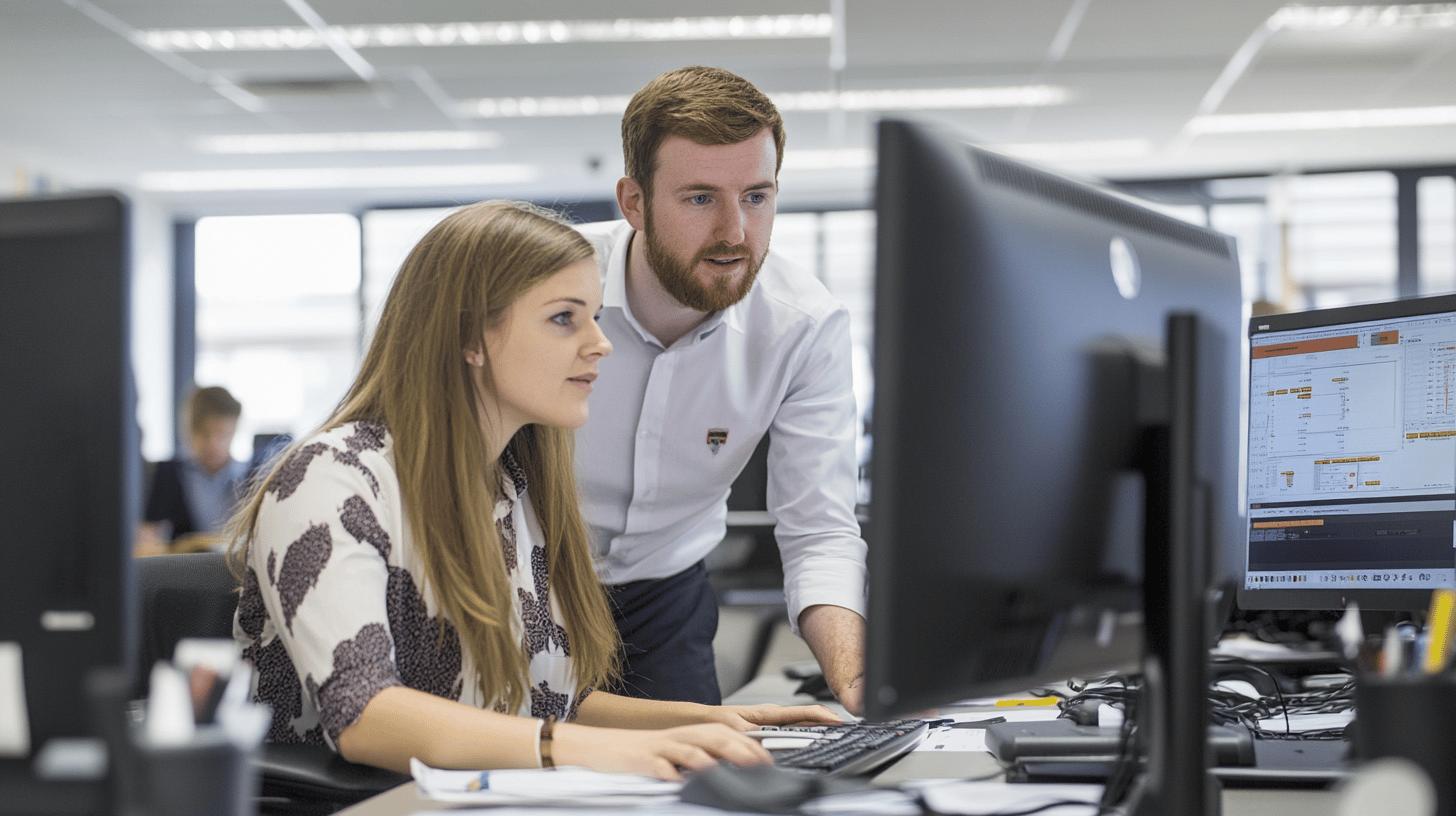 Professional colleagues reviewing data analytics on computer in modern office workspace