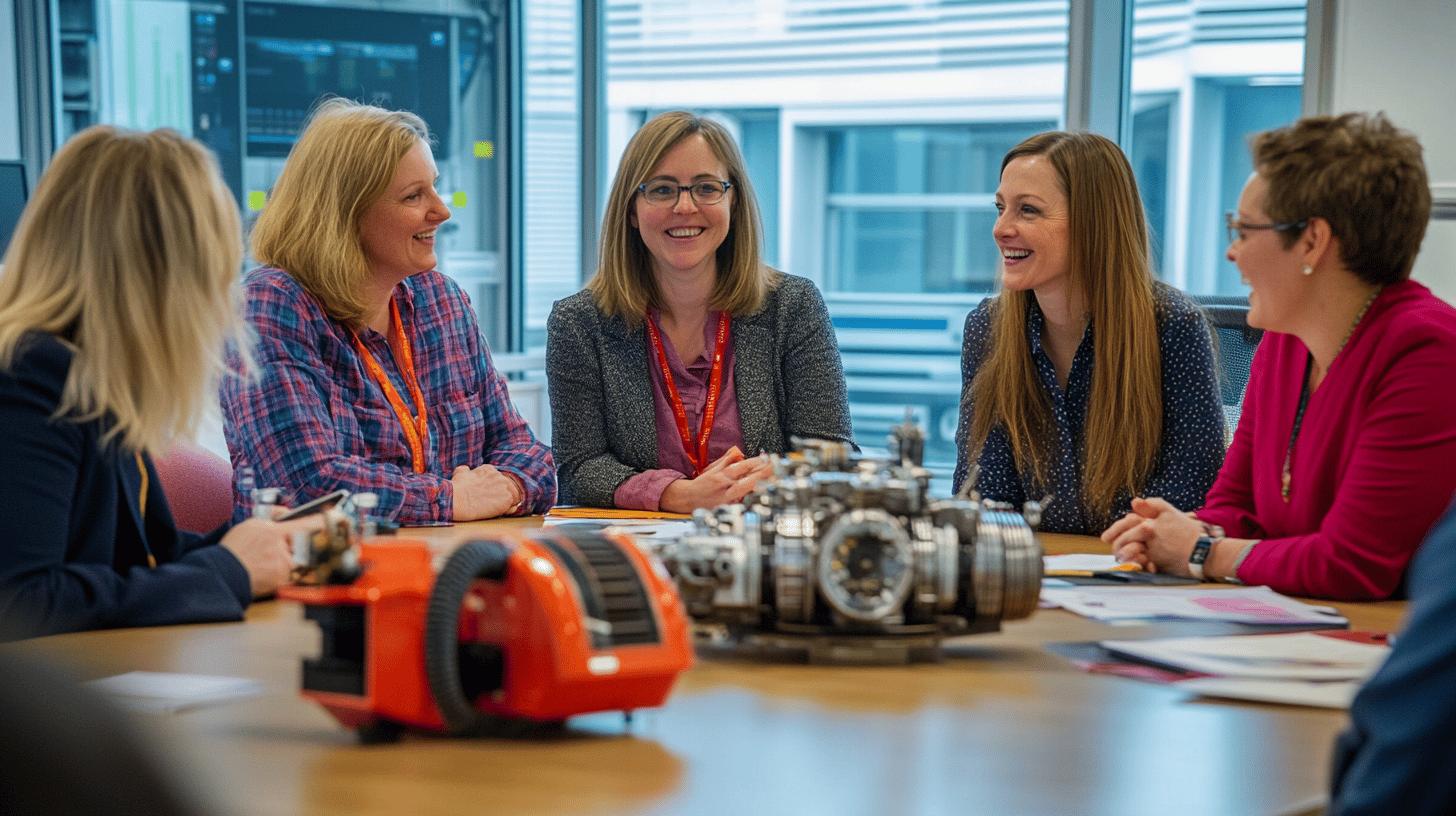 women engineers collaborate in technical meeting with machinery, discussing project in modern industrial workspace with mechanical components