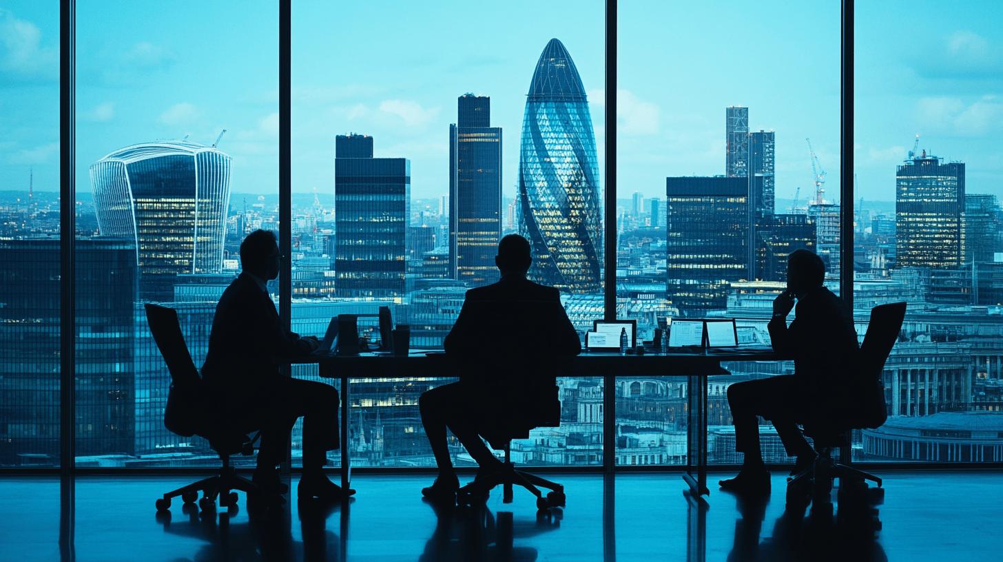 Silhouetted business professionals in meeting with panoramic view of London financial district, featuring iconic Gherkin skyscraper and modern office buildings