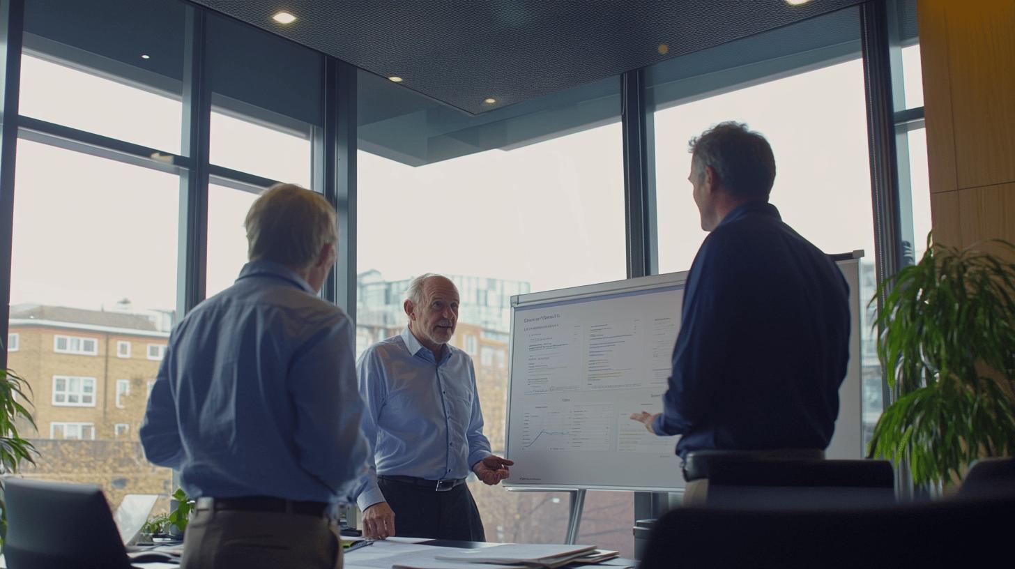 Professional business meeting in modern office with glass windows, team analyzing financial chart on whiteboard, city view in background