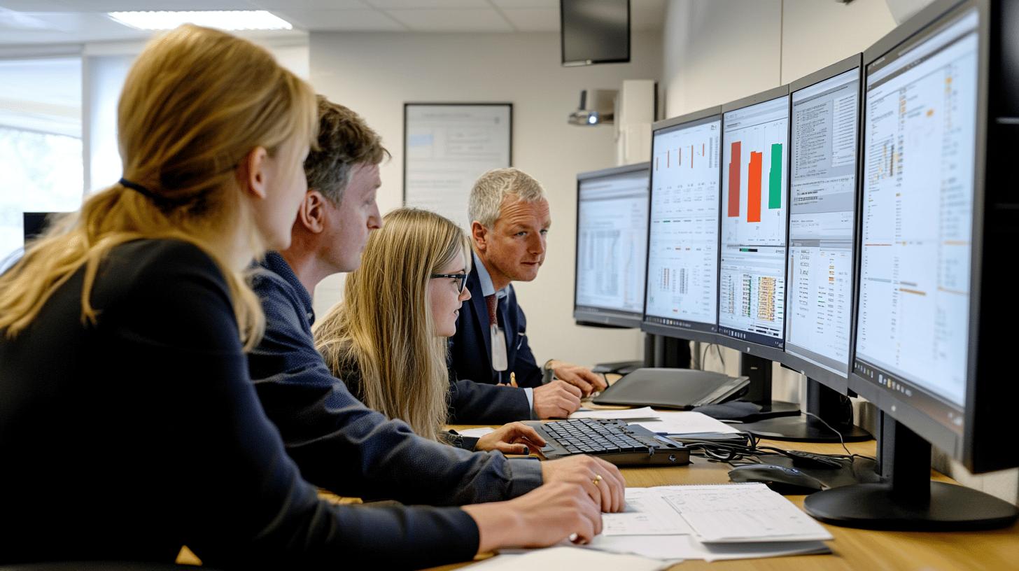 Professional team analyzing financial data on multiple computer monitors in corporate office setting