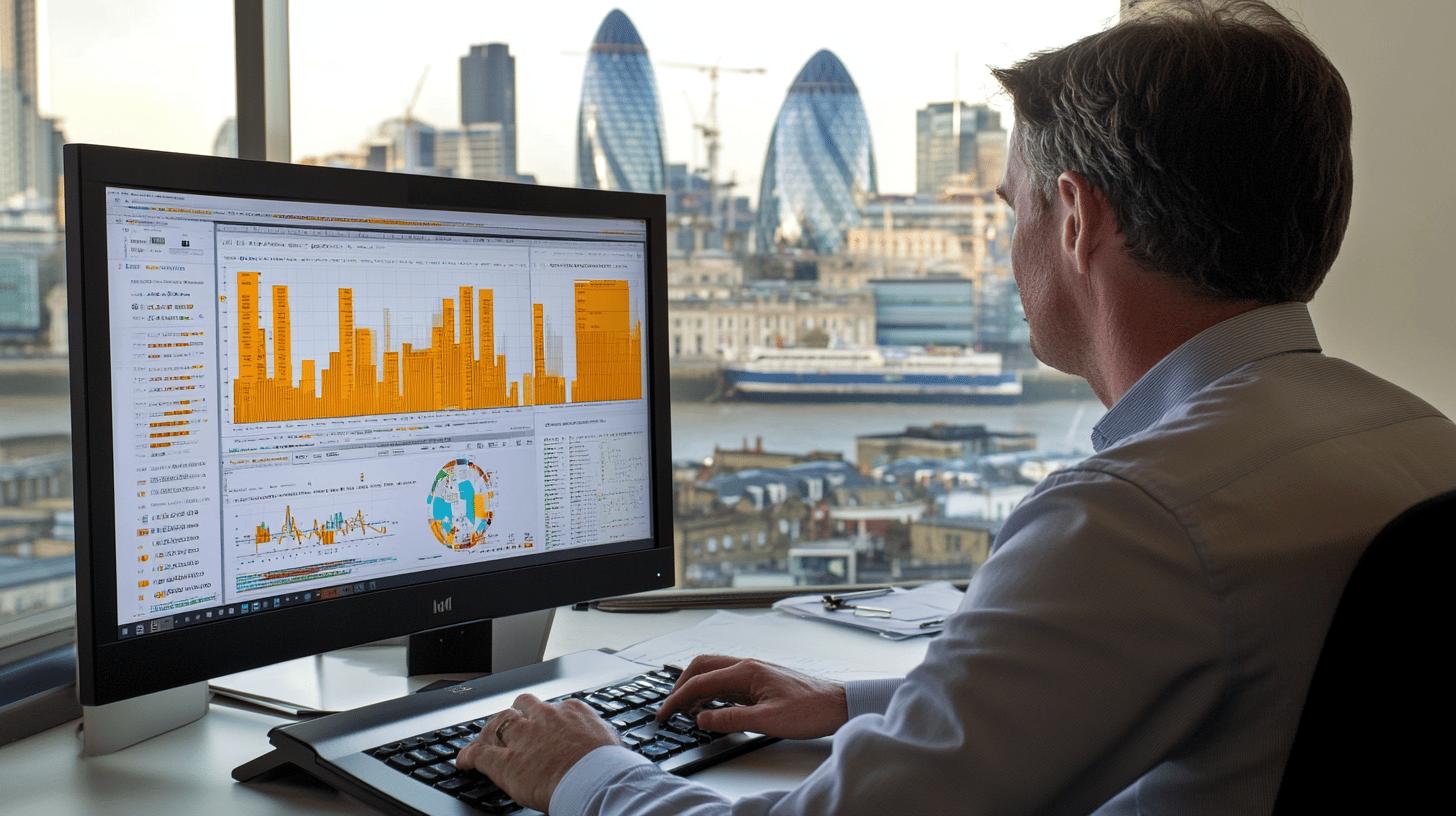 A team of professionals collaborating in a modern office environment with multiple monitors and large digital presentations displaying complex workflows and data visualizations, symbolizing innovation, strategy, and software-driven business optimisation.