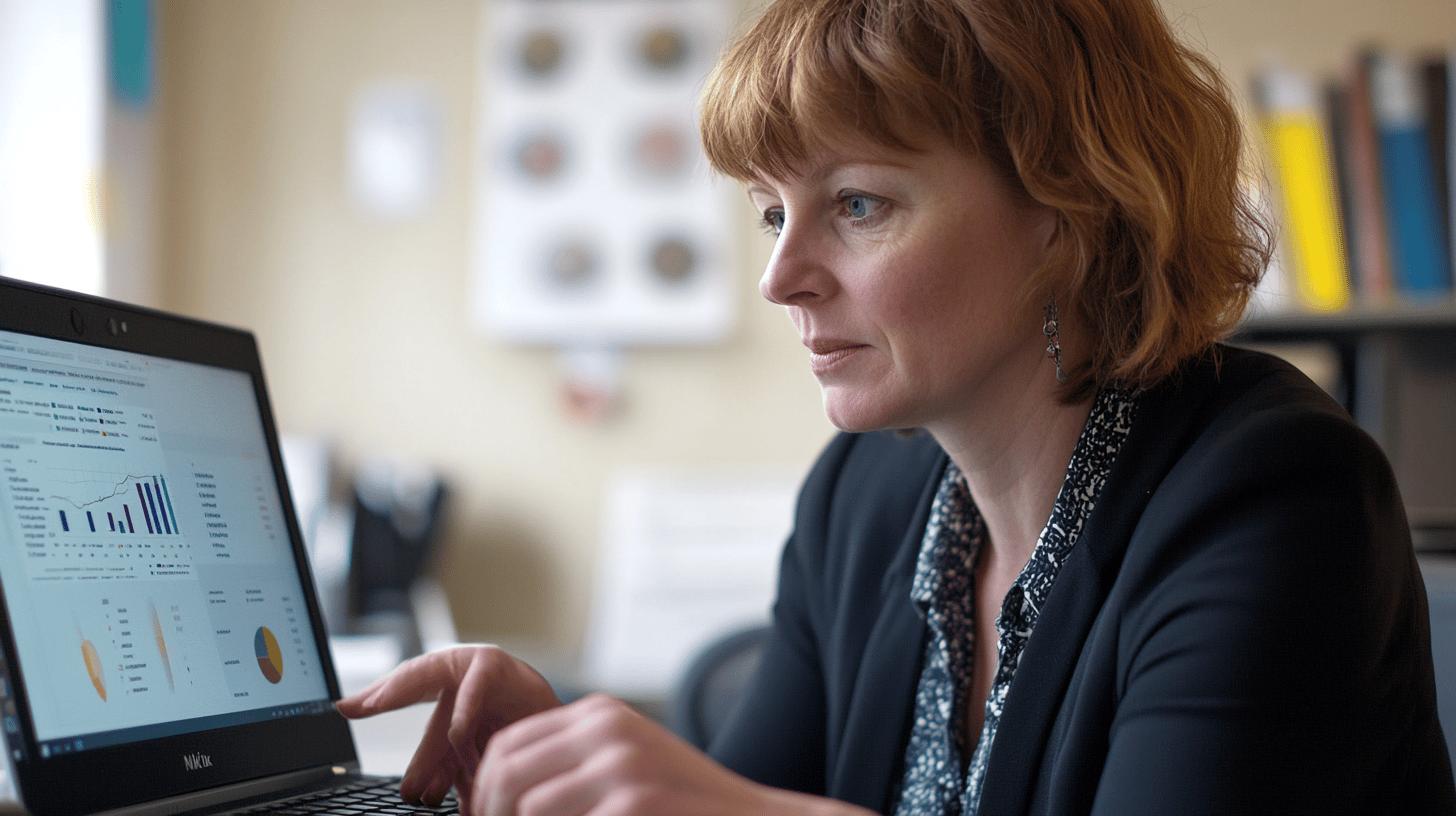 Professional woman analyzing business data charts on laptop in office setting, focused on data visualization and financial reporting