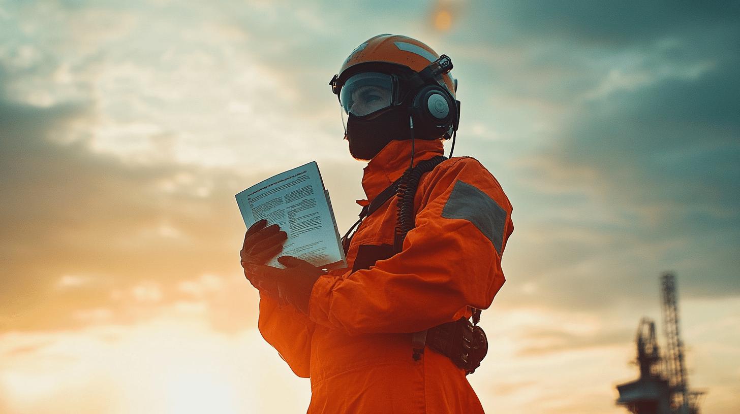 A professional monitoring advanced data analytics on a high-tech interface with industrial equipment and the ocean visible outside, symbolizing digital transformation, operational efficiency, and innovative software solutions for complex industries.