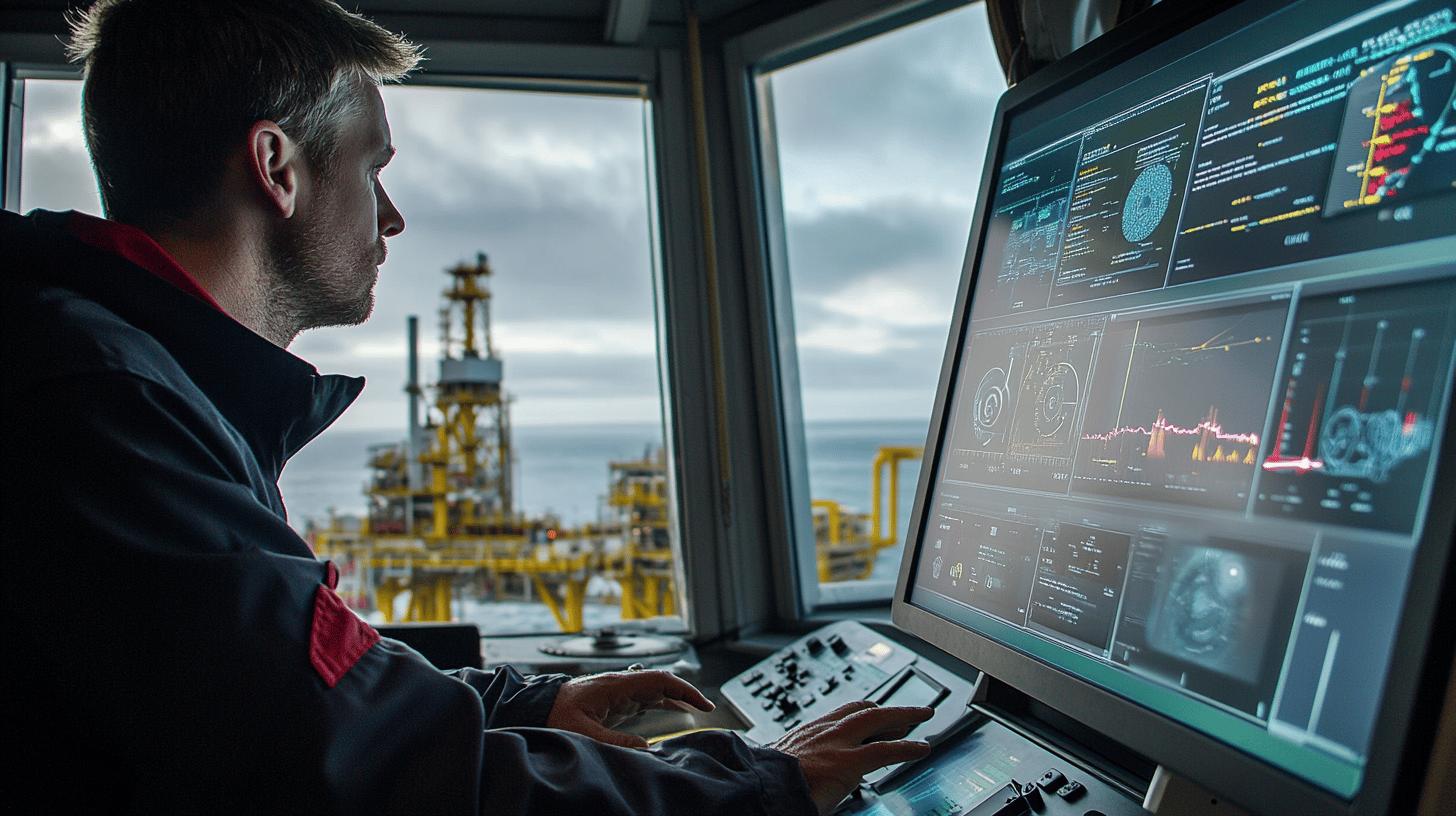 Offshore oil platform control room with technician monitoring complex digital systems and industrial infrastructure through advanced computer screens and windows overlooking yellow industrial maritime equipment
