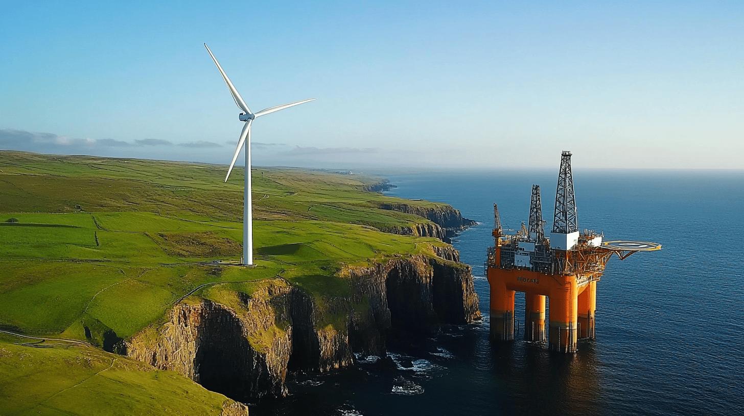 Large white wind turbine beside offshore oil platform on rocky green coastal cliffs, showcasing renewable and fossil fuel energy technologies side by side in a dramatic seaside landscape