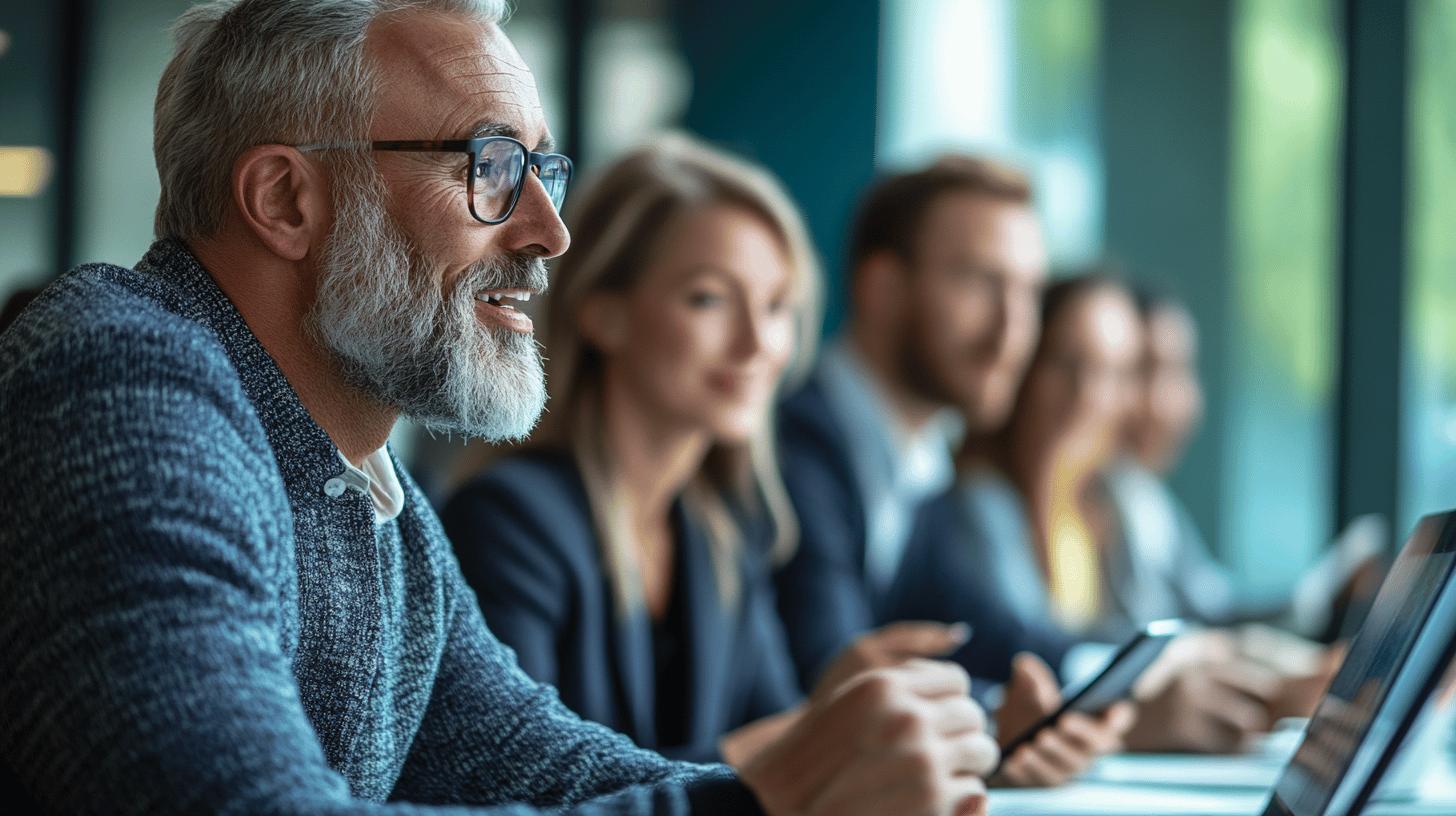 Experienced business professional in glasses and textured sweater participating in corporate meeting with diverse team in modern office setting, focused on laptop and collaborative discussion
