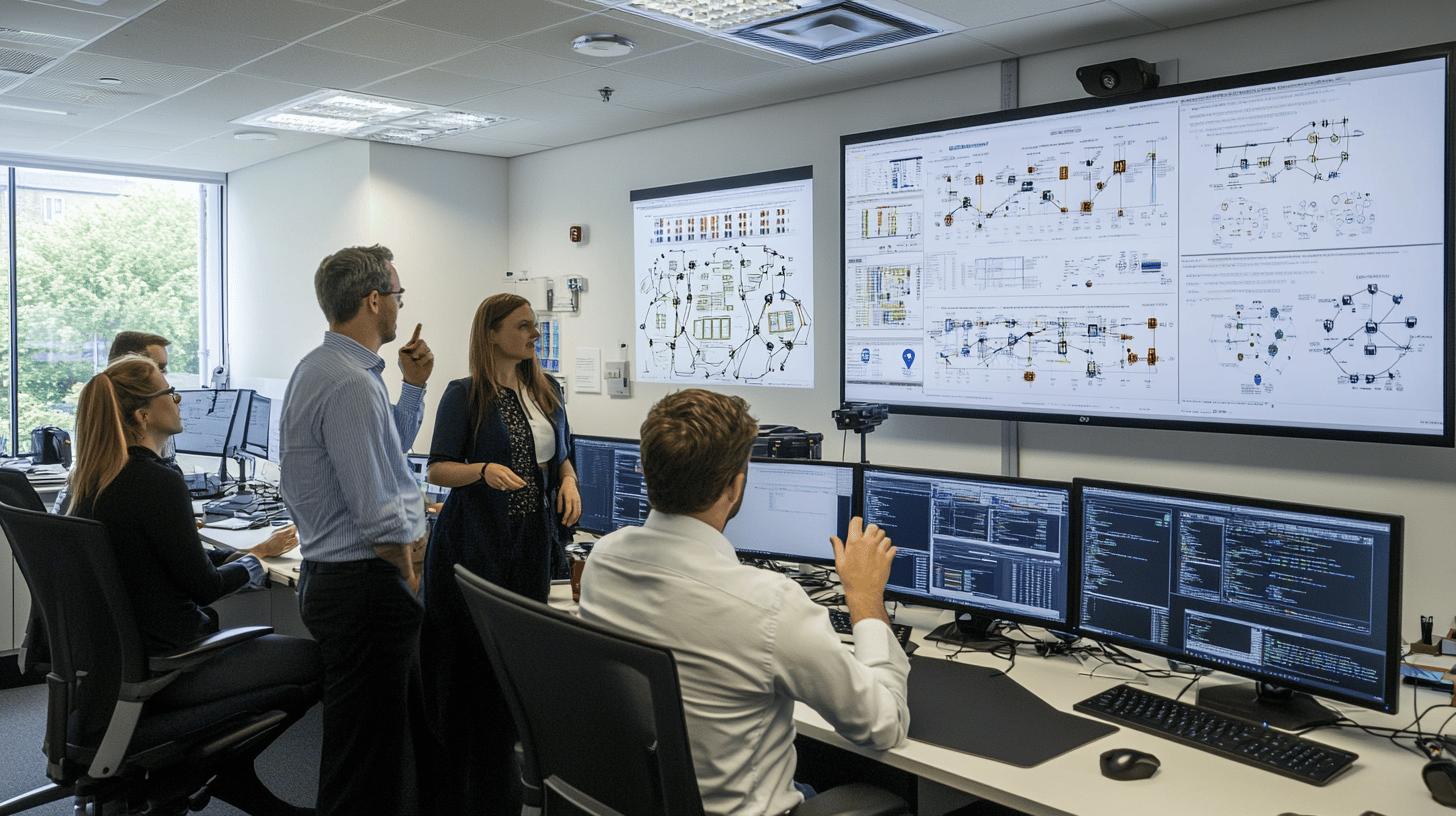 Technical team analyzing complex network diagrams in modern control room with multiple monitors and data visualization screens