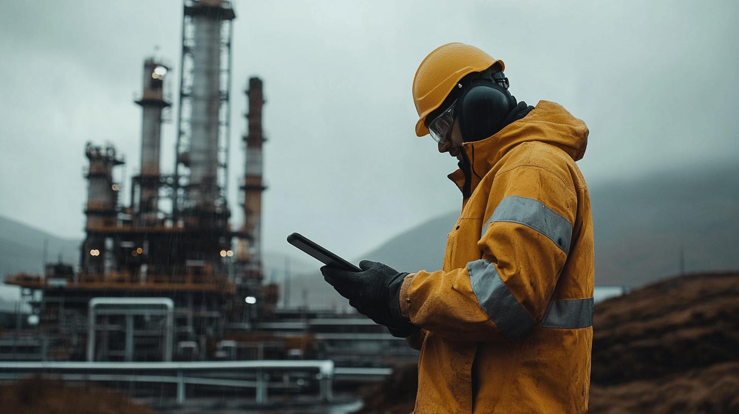 Industrial worker in yellow safety gear using tablet at oil refinery with large processing towers in misty background, wearing protective hard hat and hearing protection