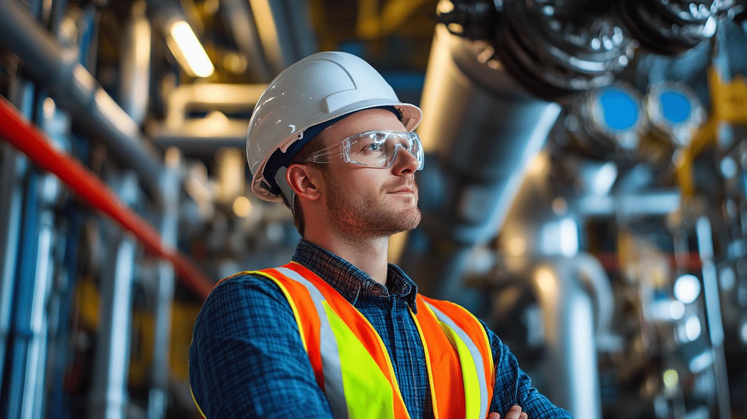 A worker in protective gear operates a tablet in front of an industrial facility, reflecting Q-Hub's focus on leveraging technology for operational efficiency and seamless integration in complex environments.