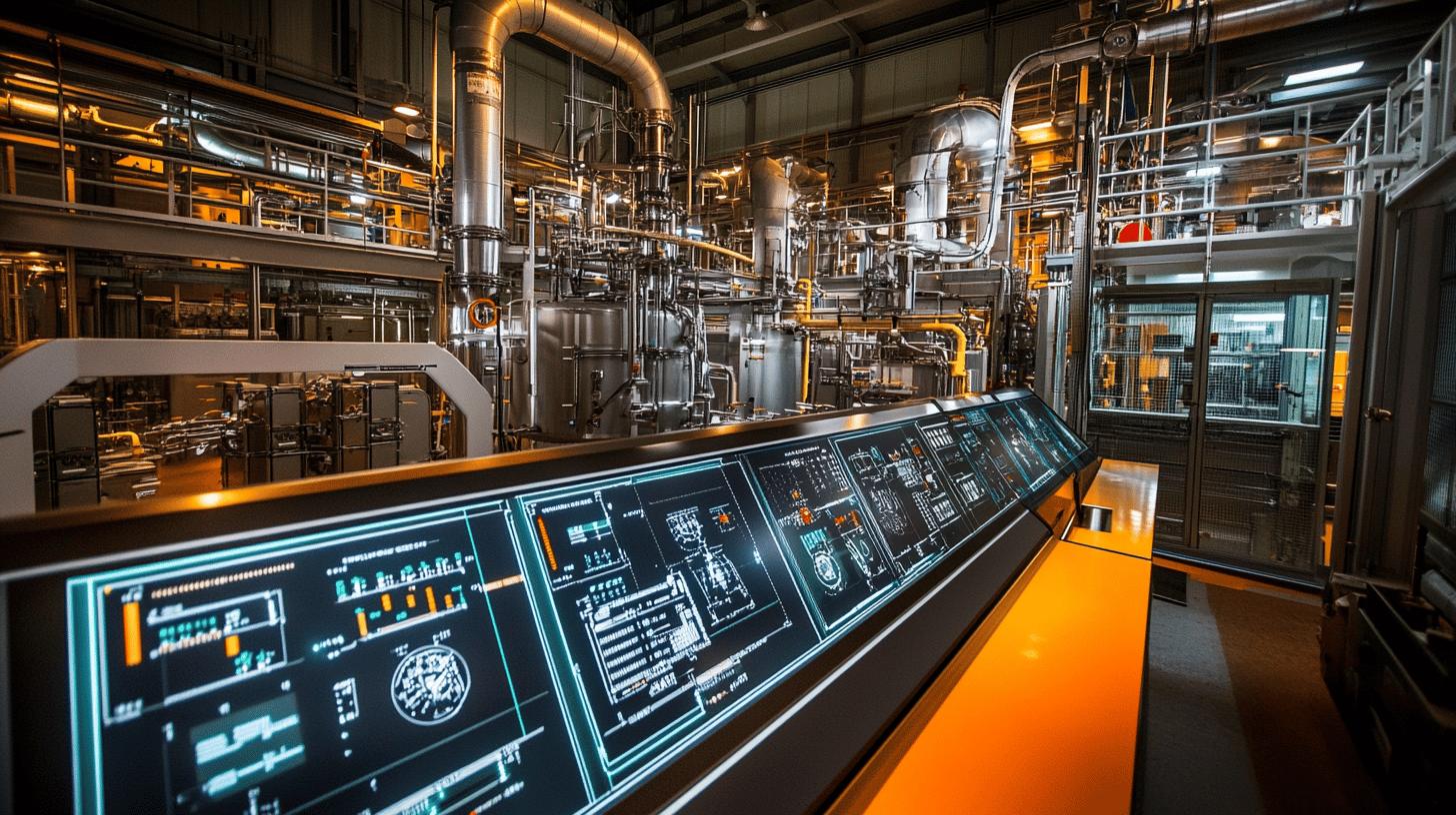 Complex industrial control room with advanced digital monitoring panels, intricate metal piping, and sophisticated machinery highlighting high-tech manufacturing or processing facility with illuminated orange and metallic surfaces