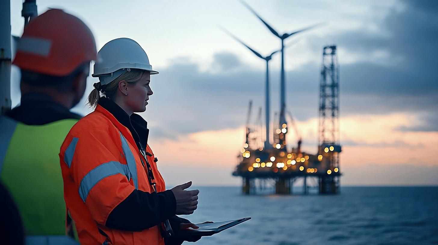 offshore wind energy technician inspecting renewable energy installation with oil platform in background, wearing high-visibility safety vest and hard hat at sunset