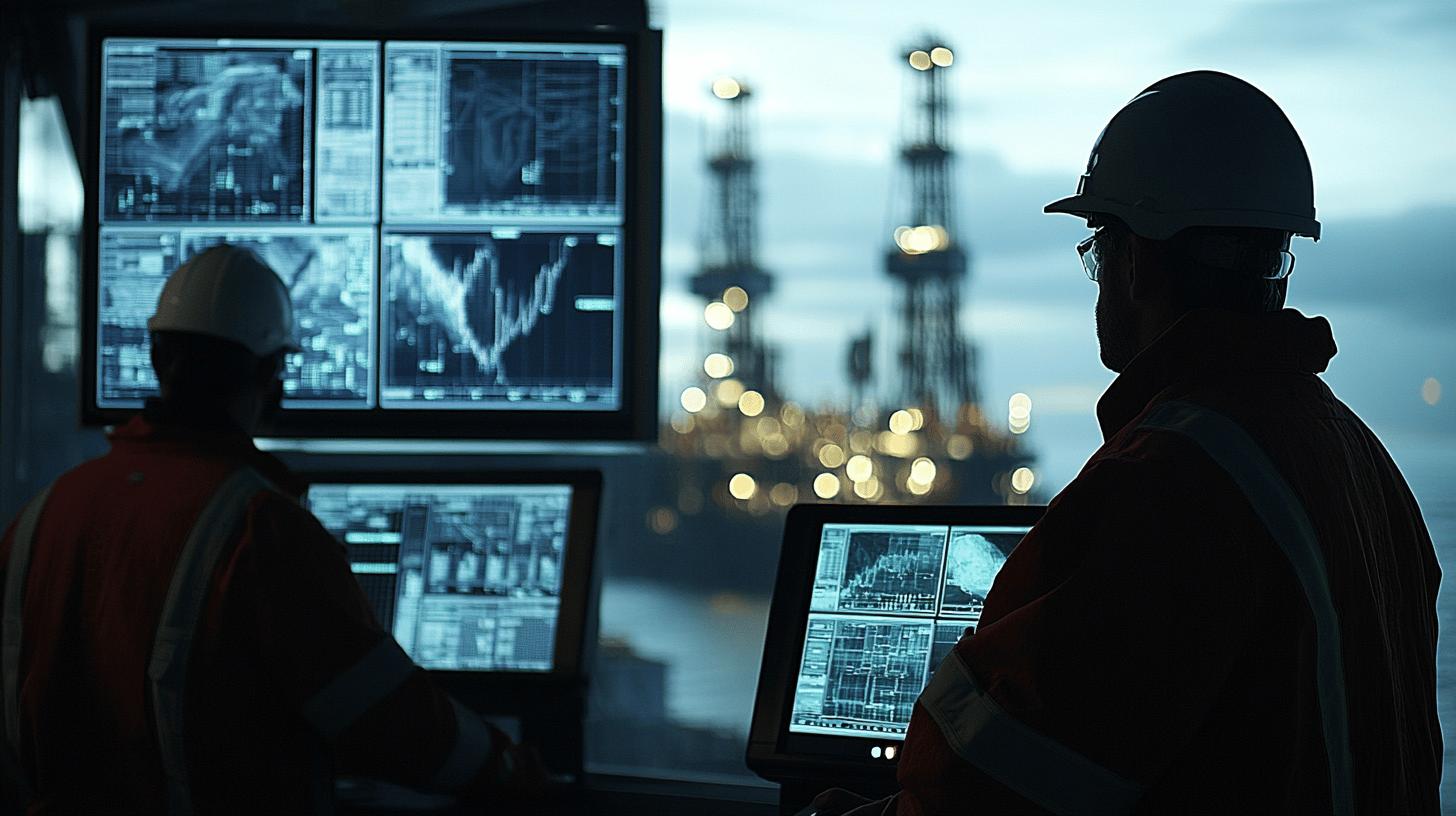 Workers in hard hats monitor data screens with industrial facility and drilling towers in background, showcasing industrial control and technology integration in energy operations