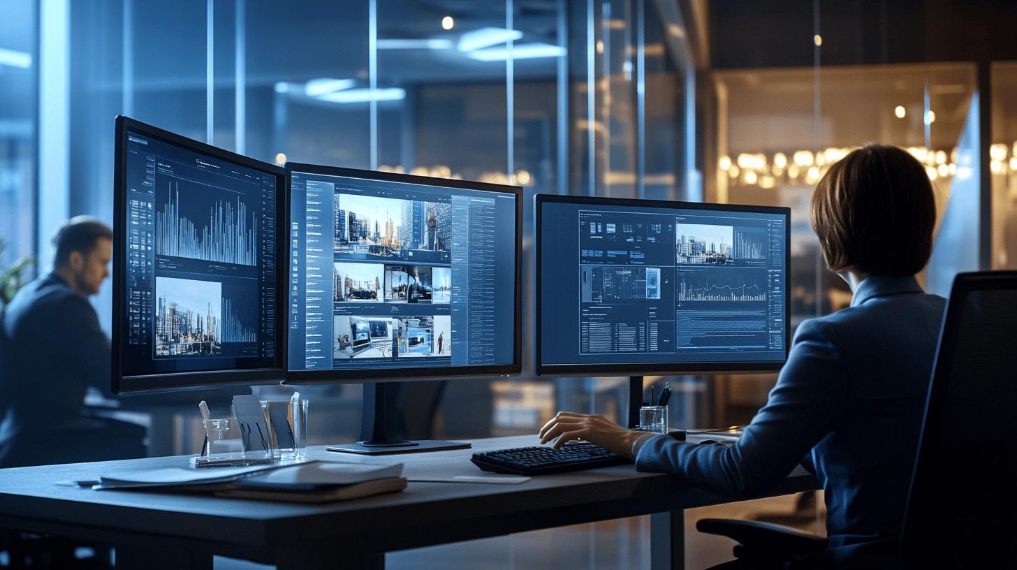 Two professionals analyze multiple data dashboards displayed on large monitors in a modern office with a scenic view, representing data-driven decision-making and digital transformation.