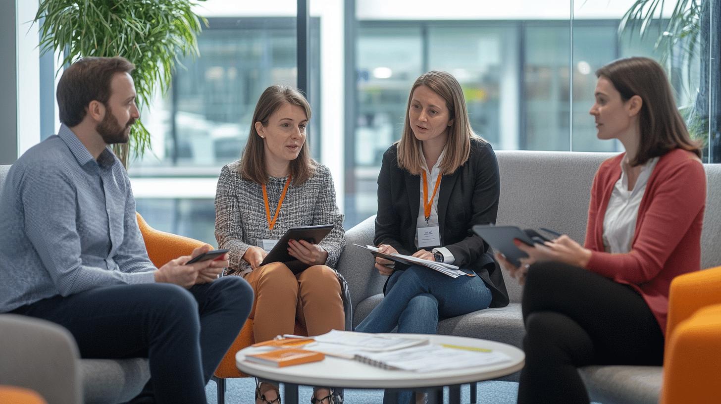 Professional business meeting with four colleagues collaborating in modern glass-walled office, discussing project using tablets and notebooks, seated on gray and orange chairs with plants and glass walls in background