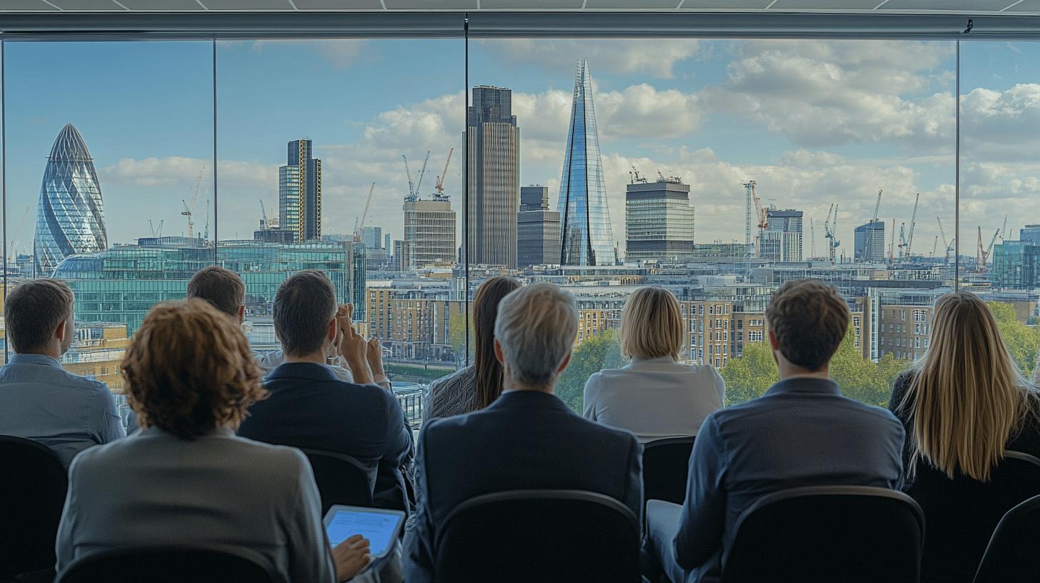 Professional group overlooking London's financial district skyline, featuring iconic skyscrapers like the Gherkin and The Shard, with business professionals seated in foreground observing cityscape through large glass windows