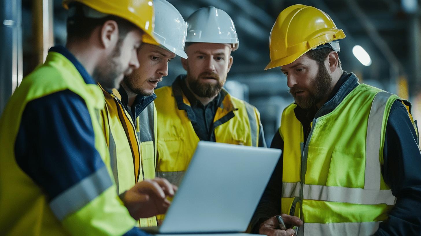 A collaborative team meeting in a modern office setting, featuring four professionals discussing strategies with tablets and documents. The environment emphasizes innovation, teamwork, and efficiency, aligning with Q-Hub's focus on digital transformation a