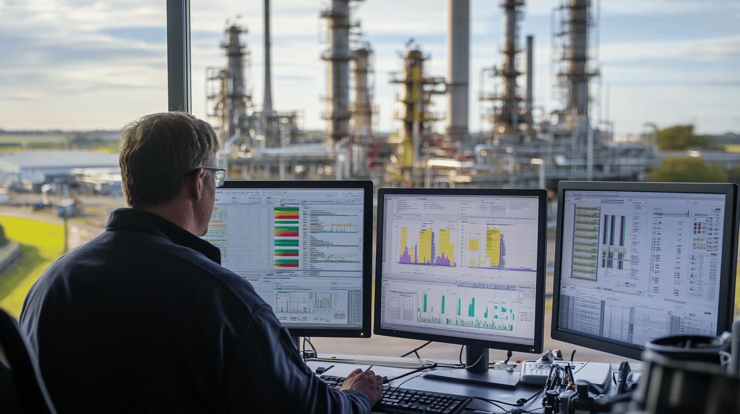 Industrial control room monitoring petroleum refinery operations with multiple data analysis screens and complex processing towers visible through window