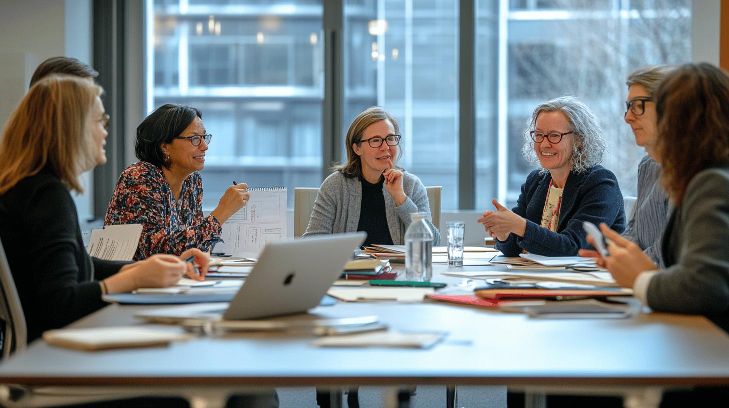 Professional women collaborating in modern office meeting with laptops and documents, engaged in discussion around conference table with large windows in background