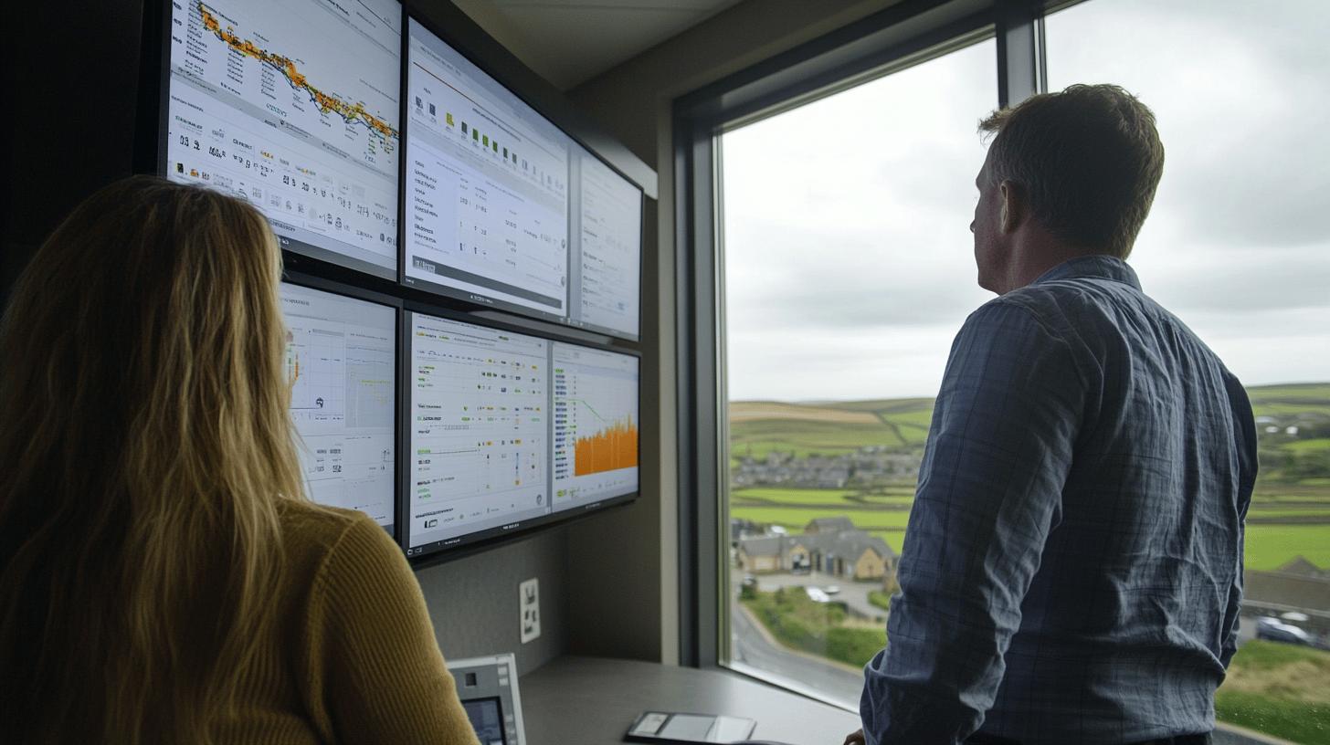 data analysts reviewing performance metrics on multiple monitors with rural landscape view, showing complex dashboard visualizations and graphs