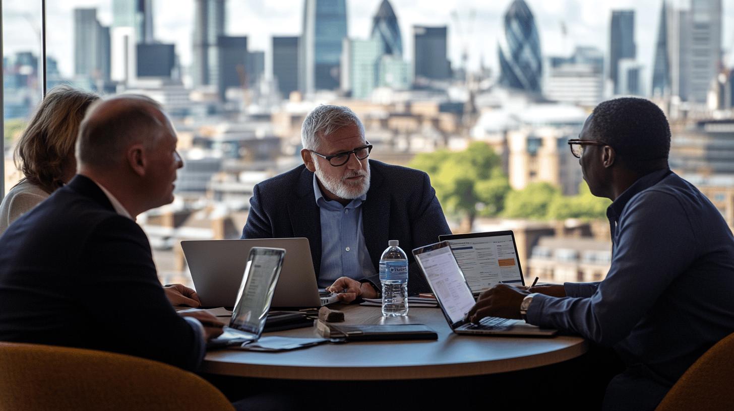 Professional business meeting in London with diverse team, laptops, and city skyline in background, discussing strategy near skyscrapers like the Gherkin