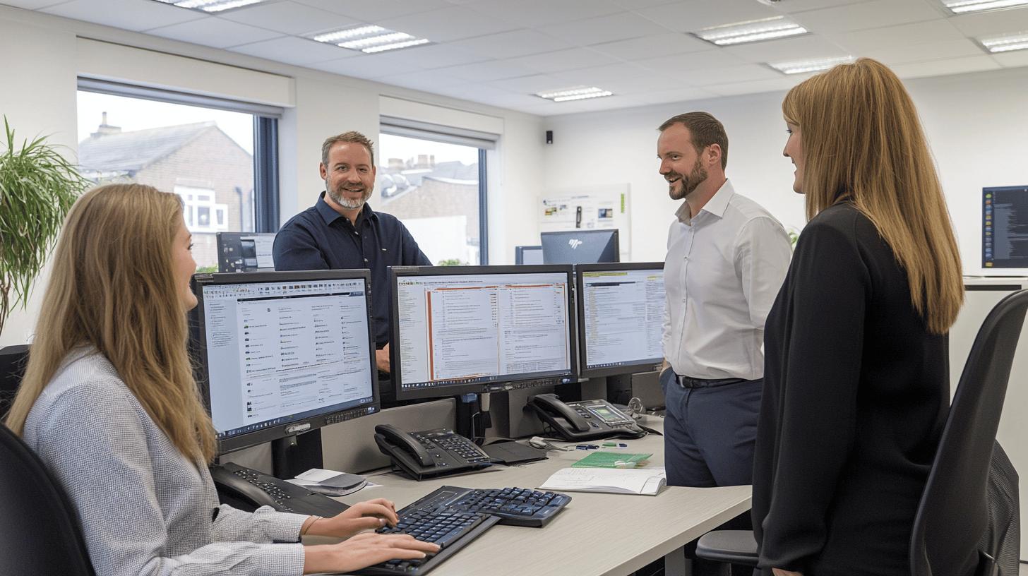 Professionals analyzing data on large interactive screens in a modern office environment, emphasizing collaboration and technology-driven insights for digital transformation and business optimization.
