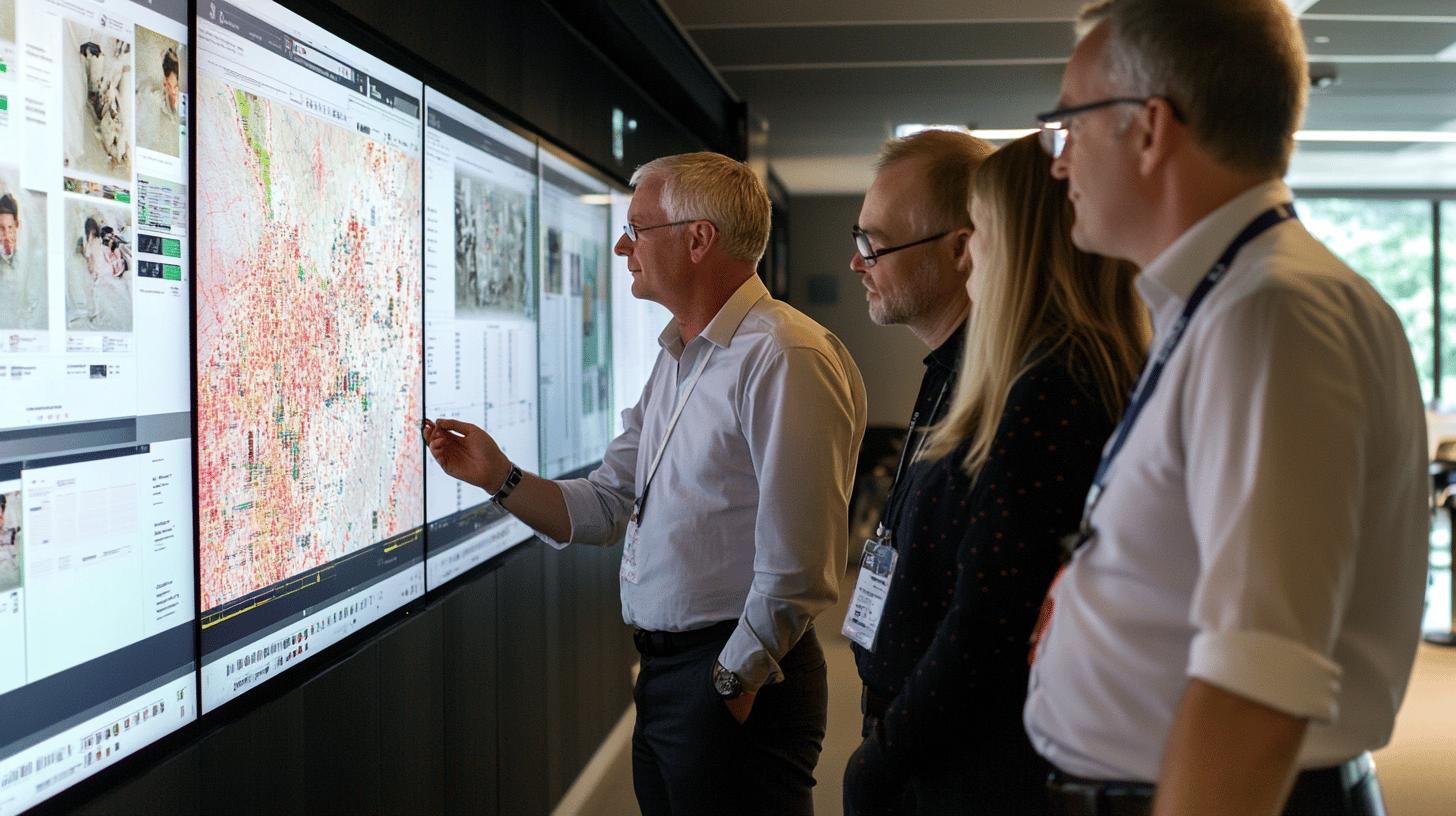 professionals analyzing data visualization on large interactive display screens in modern office environment