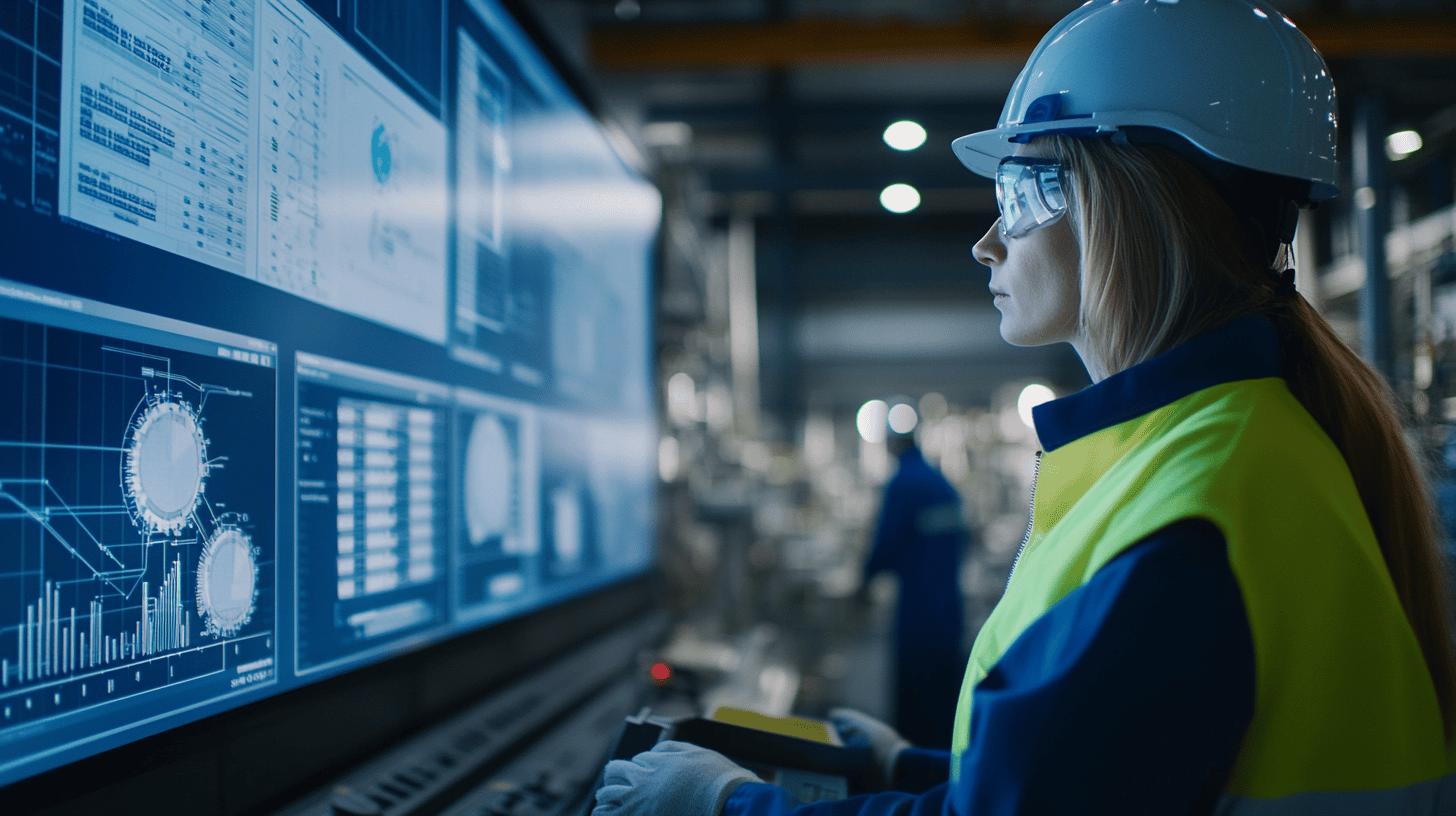 Industrial engineer analyzing data visualizations on digital screens in high-tech manufacturing control room, wearing safety helmet and high-visibility vest