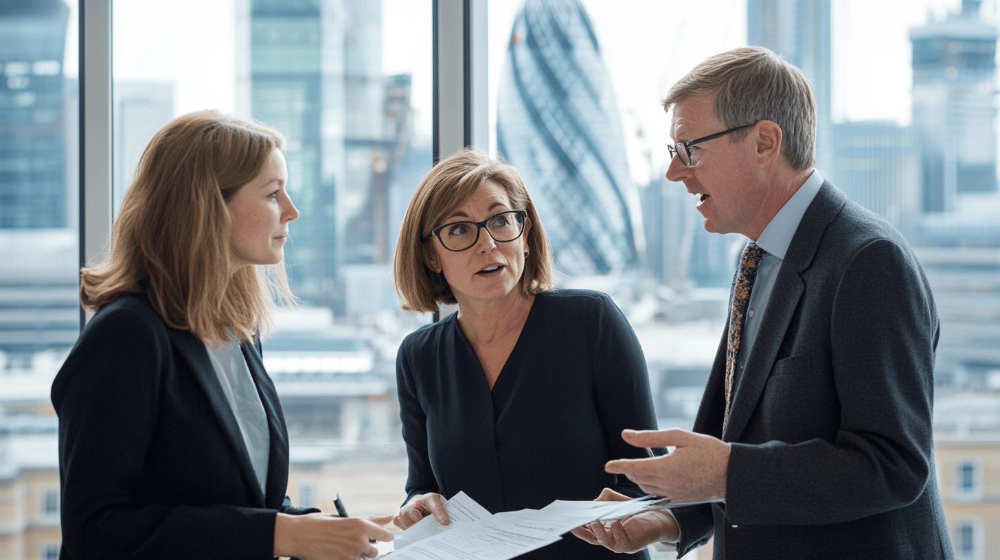 Professional business meeting in modern office with city skyline, three colleagues in dark business attire discussing documents near large windows with urban landscape in background